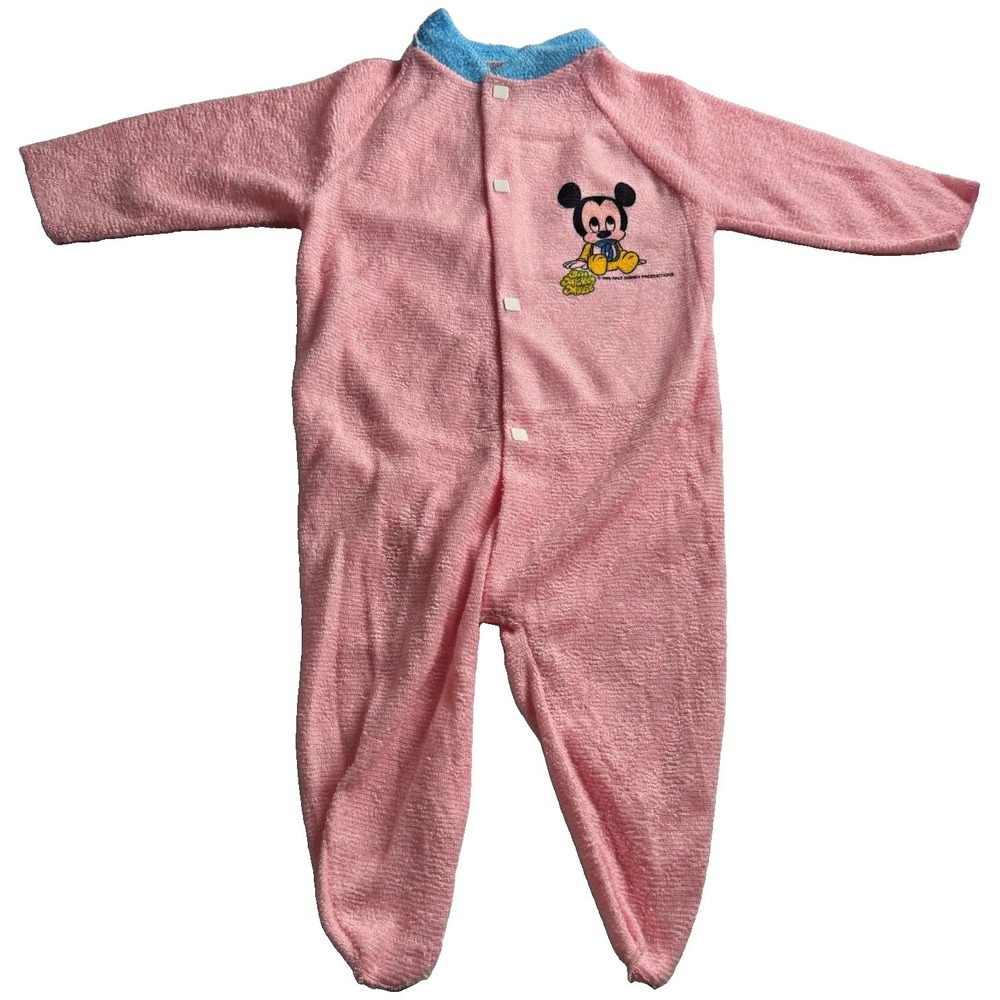Disney Baby Vintage 1985 Mickey Mouse Pink Terry Footed Sleeper 3-6m, Snap, NOS